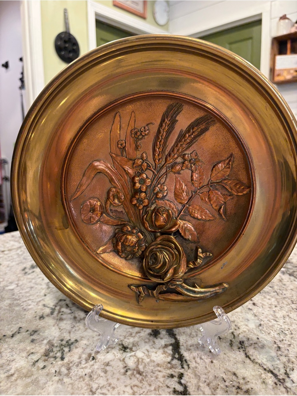 Decorative Floral Relief Metal Wall Plate - Brass Finish